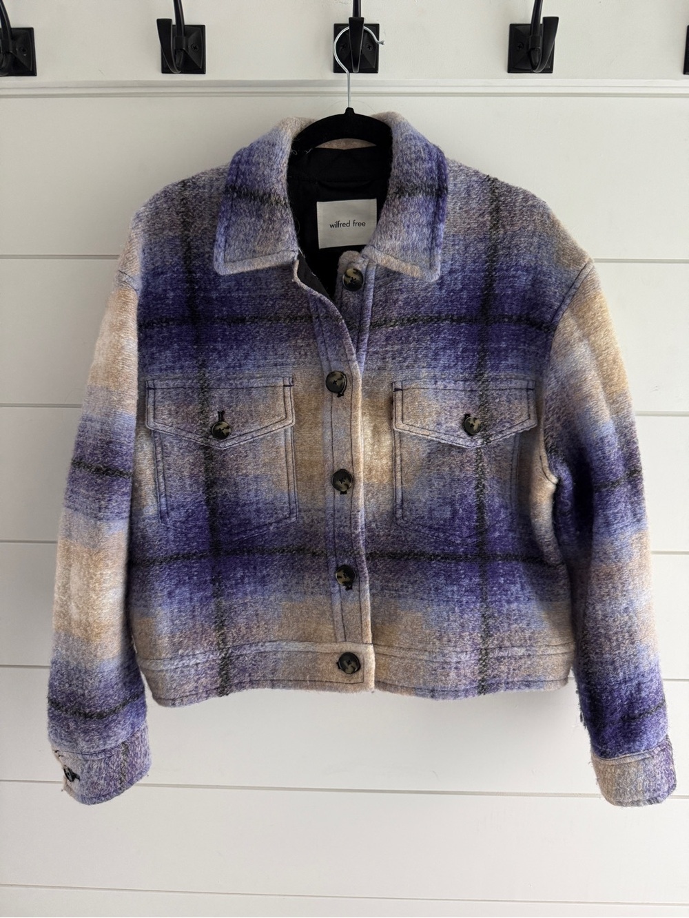 Aritzia Wilfred Cropped Plaid Shaket in Blue, Purple and Cream, Size Medium